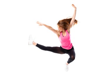 Izole beyaz arka plan atlama üzerinde Genç dans kız