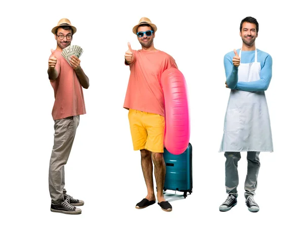 Skupina mužů s bankovkami, šéfkuchařem a mužem s kloboukem a brýlemi na — Stock fotografie