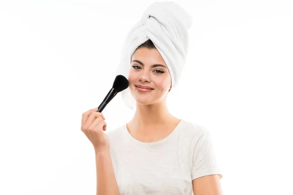 Teenager Girl Isolated White Background Makeup Brush — Stock Photo, Image