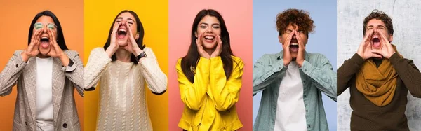 Conjunto Pessoas Gritando Anunciando Algo — Fotografia de Stock