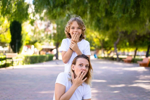 Mother Son Park Doing Surprise Gesture — Stock Photo, Image