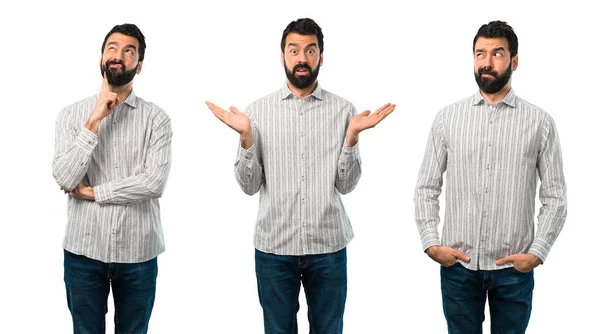 Colagem Homem Bonito Com Barba Tendo Dúvidas Com Expressão Facial — Fotografia de Stock