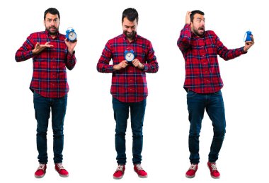 Vintage çalar saat tutan Yakışıklı adam seti