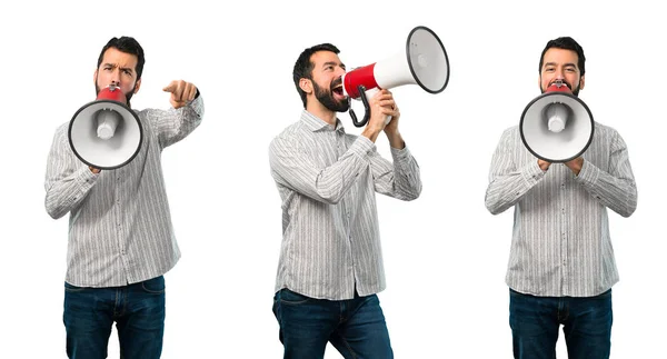 Collage Van Knappe Man Met Baard Die Een Megafon Vasthoudt — Stockfoto