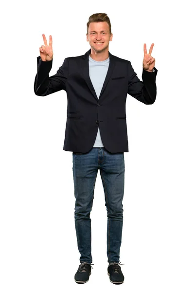 Blonde Handsome Man Showing Victory Sign Both Hands — Stock Photo, Image