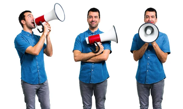 Set Handsome Man Blue Shirt Holding Megaphone — Stock Photo, Image