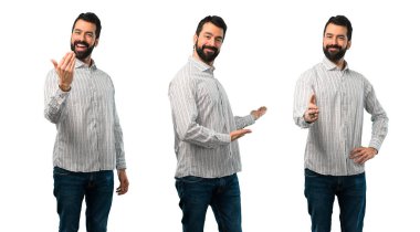 Sakallı yakışıklı adamın kolajı sunum ve davet gelmek