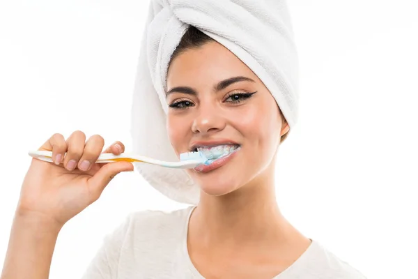 Teenager Girl Isolated White Background Brushing Her Teeths — Stock Photo, Image