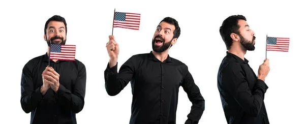 Conjunto Hombre Guapo Con Barba Sosteniendo Una Bandera Americana —  Fotos de Stock