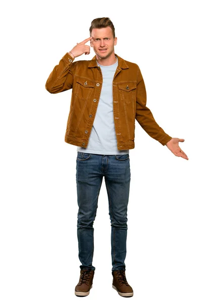 Blonde Handsome Man Making Gesture Madness Putting Finger Head — Stock Photo, Image