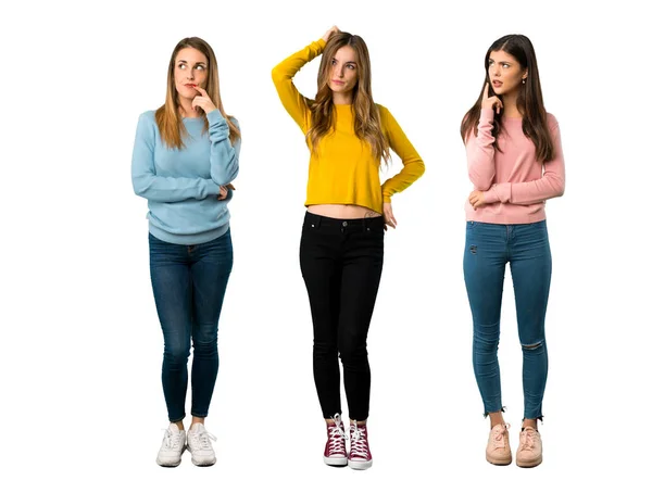 Full Length Shot Group People Colorful Clothes Having Doubts While — Stock Photo, Image