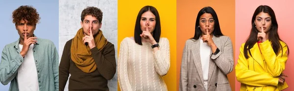 Set Persone Che Mostrano Segno Silenzio Gesto Mettendo Dito Bocca — Foto Stock