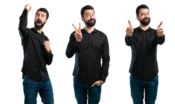 Conjunto Homem Bonito Com Barba Fazendo Gesto Vitória — Fotografia de Stock