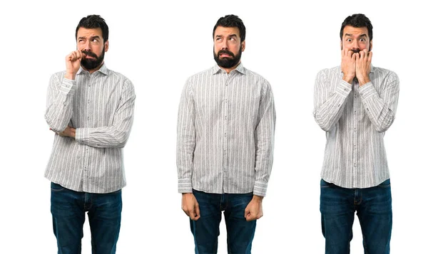 Collage Hombre Guapo Con Barba Poco Nervioso Asustado — Foto de Stock