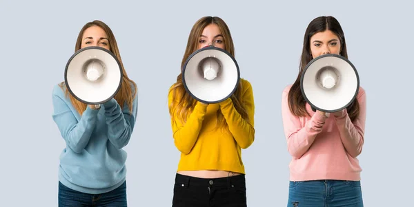 Group People Colorful Clothes Shouting Megaphone Announce Something Colorful Background — Stock Photo, Image