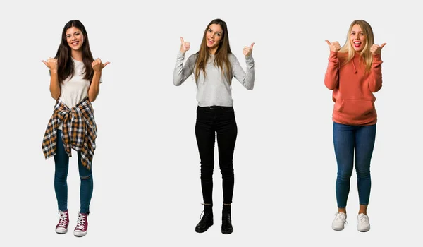 Set Women Giving Thumbs Gesture Both Hands Smiling — Stock Photo, Image