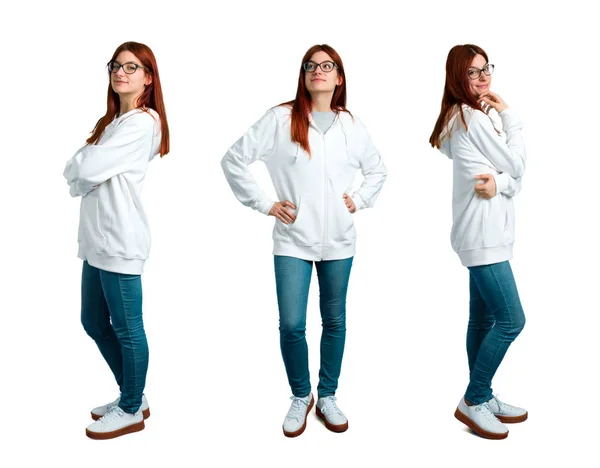 Set Van Jonge Roodharige Meisje Een Stedelijke Witte Sweatshirt Met — Stockfoto
