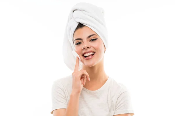 Teenager Girl Isolated White Backgroundremoving Makeup Her Face Cotton Pad — Stock Photo, Image