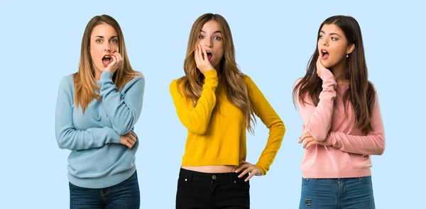 Group People Colorful Clothes Surprised Shocked While Looking Right Colorful — Stock Photo, Image