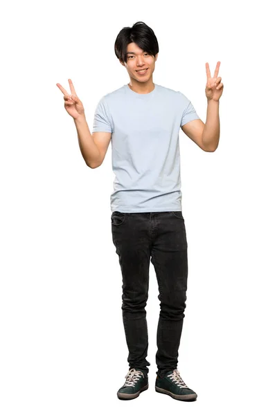 Full Length Shot Asian Man Blue Shirt Showing Victory Sign — Stock Photo, Image