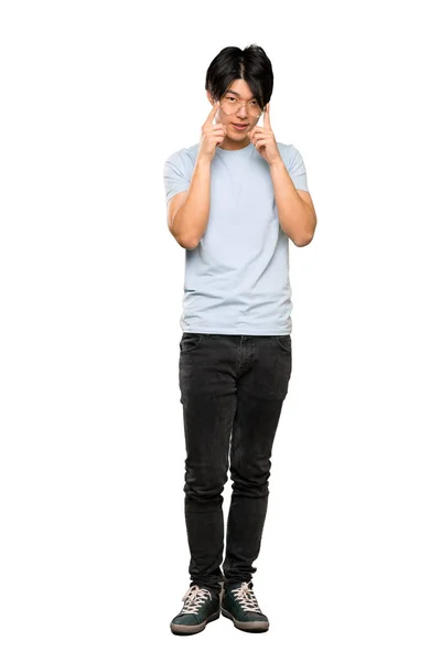 Fullängds Bild Asiatisk Man Med Blå Skjorta Med Glasögon Och — Stockfoto