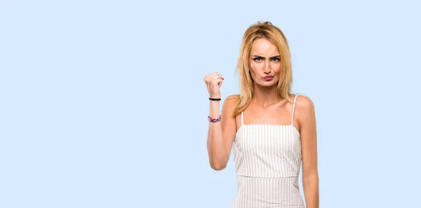 Young Blonde Woman Angry Gesture Isolated Blue Background — 스톡 사진