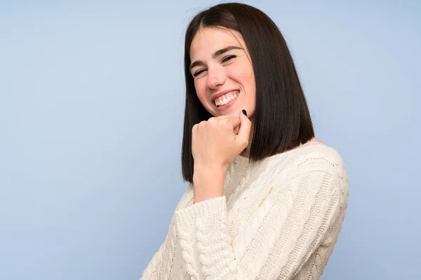 Young Woman Isolated Blue Wall Celebrating Victory — Stock Photo, Image