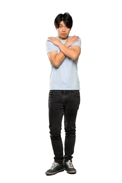Full Length Shot Asian Man Blue Shirt Freezing Isolated White — Stock Photo, Image