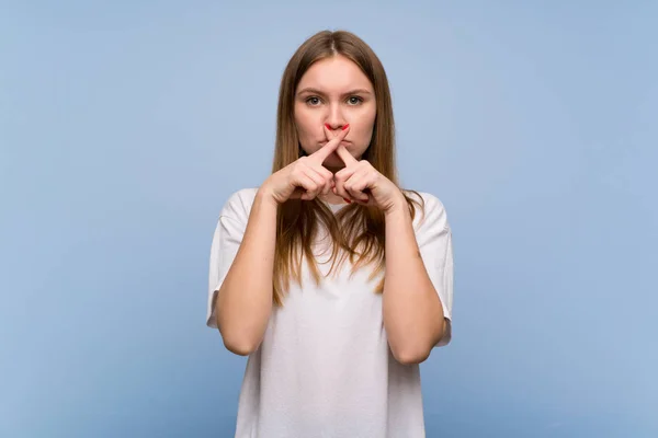Young Woman Blue Wall Showing Sign Silence Gesture — Stock Photo, Image