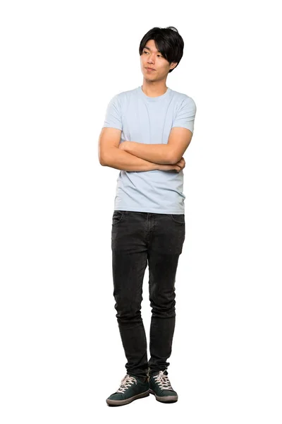 Plano Completo Hombre Asiático Con Retrato Camisa Azul Sobre Fondo — Foto de Stock
