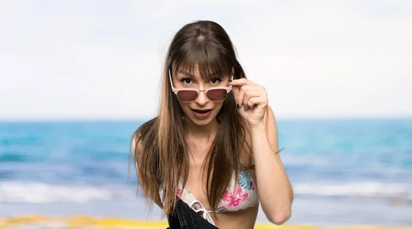 Young Woman Bikini Glasses Surprised Beach — Stockfoto