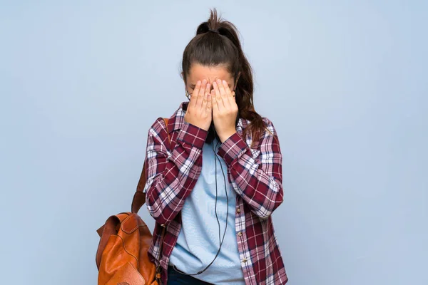 Adolescente Estudiante Chica Sobre Aislado Azul Pared Con Cansado Enfermo — Foto de Stock