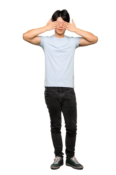 Full Length Colpo Uomo Asiatico Con Camicia Blu Che Copre — Foto Stock
