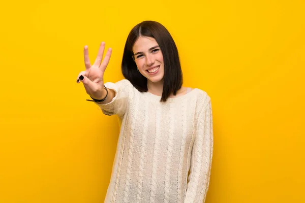 Young Woman Isolated Yellow Wall Happy Counting Three Fingers — Stock Photo, Image