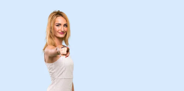 Young Blonde Woman Points Finger You Confident Expression Isolated Blue — 스톡 사진