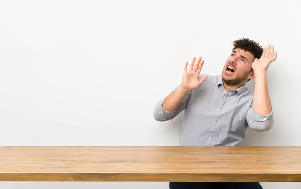 Young Man Table Nervous Scared — Stockfoto