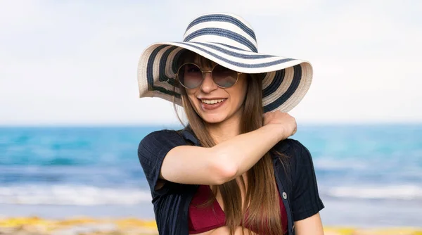 Young Woman Bikini Celebrating Victory Beach — 스톡 사진