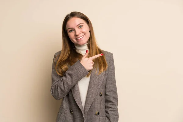 Young Business Woman Pointing Side Present Product — 스톡 사진