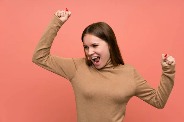 Young Woman Colorful Background Celebrating Victory — Stock Photo, Image