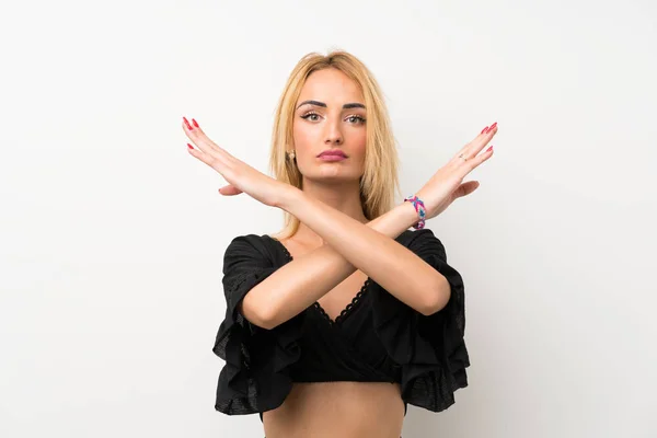 Young Blonde Woman Isolated White Wall Making Gesture — 스톡 사진