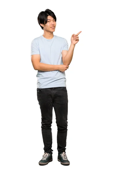 Full Length Shot Asian Man Blue Shirt Pointing Finger Side — Stock Photo, Image