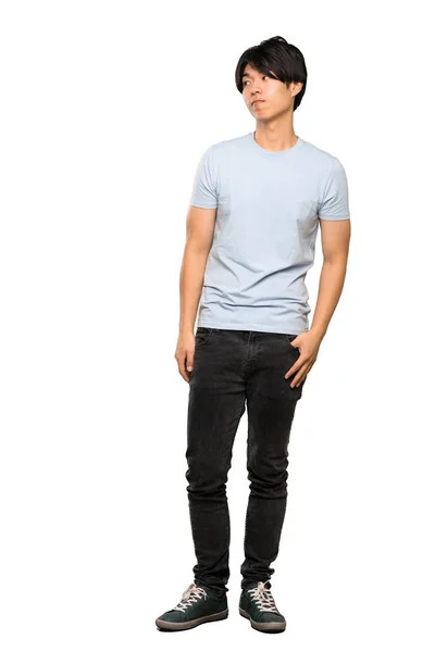 Una Toma Completa Hombre Asiático Con Camisa Azul Haciendo Gestos — Foto de Stock