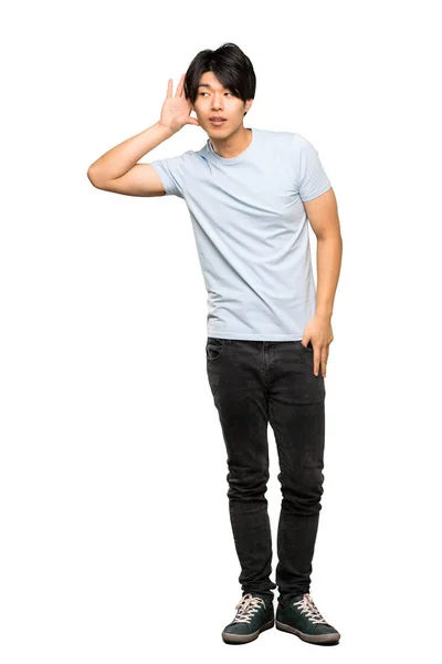 Full Length Scatto Uomo Asiatico Con Camicia Blu Ascoltare Qualcosa — Foto Stock