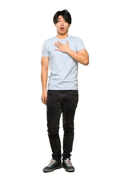 Plan Complet Homme Asiatique Avec Chemise Bleue Surpris Choqué Regardant — Photo