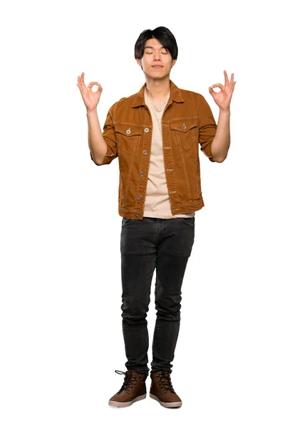 Full Length Shot Asian Man Brown Jacket Zen Pose Isolated — Stock Photo, Image