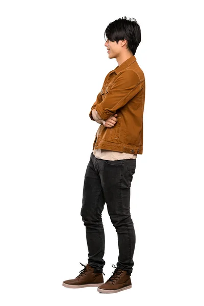 Plano Completo Hombre Asiático Con Chaqueta Marrón Posición Lateral Sobre — Foto de Stock