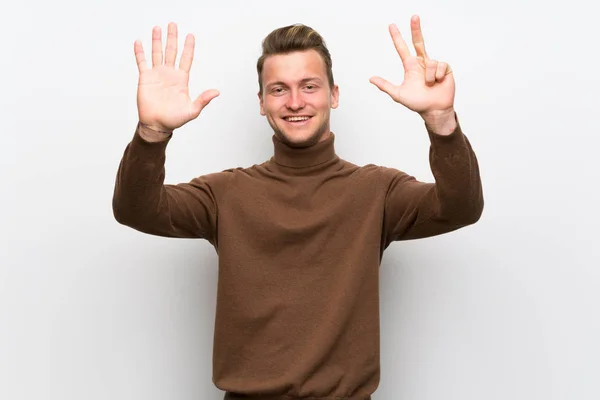 Blonde Man Isolated White Wall Counting Eight Fingers — Stock Photo, Image