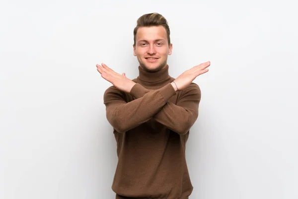 Blonde Man Isolated White Wall Making Gesture — Stock Photo, Image