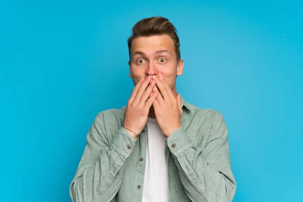 Blonde Handsome Man Green Shirt Surprise Facial Expression — Stock Photo, Image