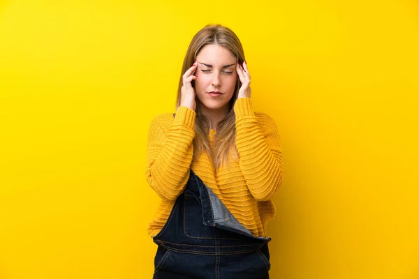 Woman Overalls Isolated Yellow Wall Unhappy Frustrated Something Negative Facial — 스톡 사진